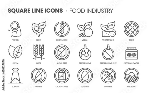 Food industry, square line icon set