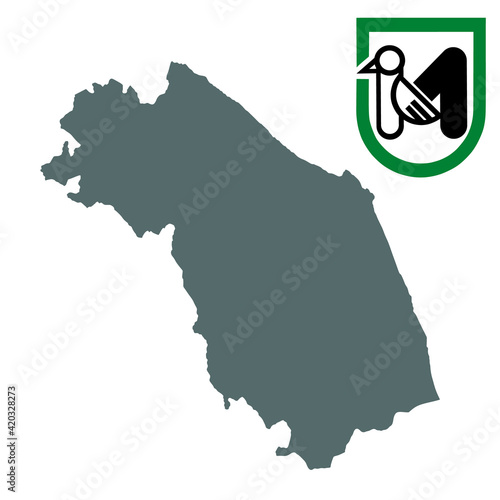 Marche map vector silhouette illustration isolated on white background. Italy province territory. Coat of arms Marche and glag over map.
