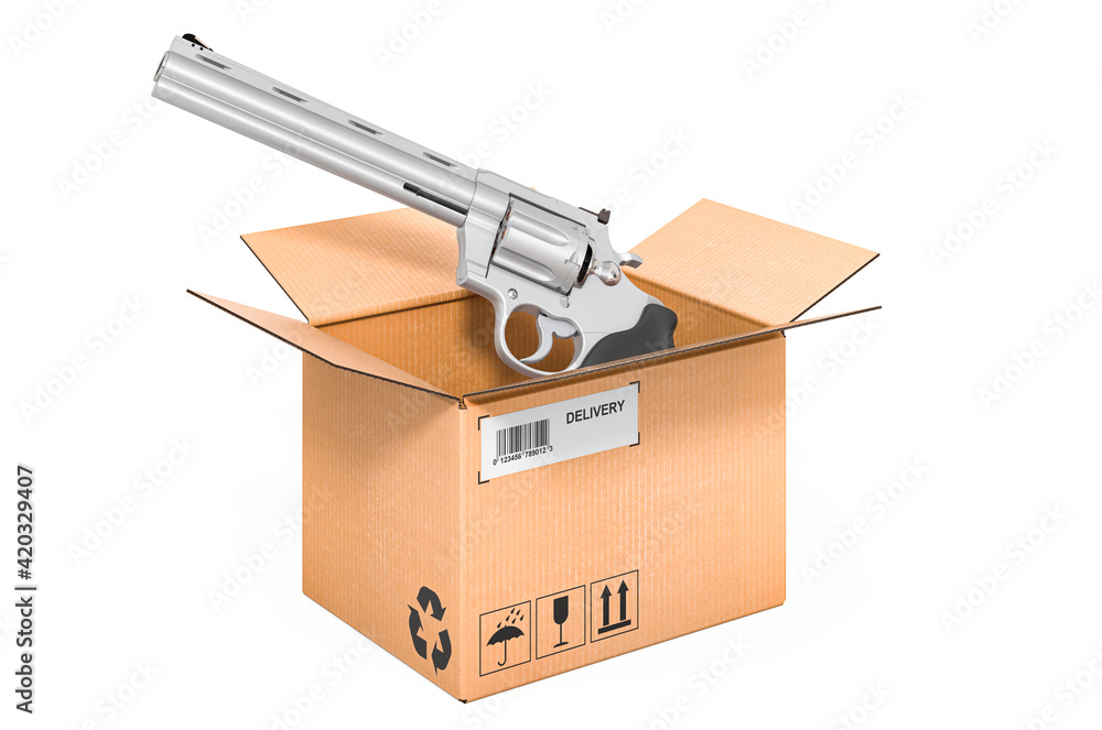 Revolver inside cardboard box, delivery concept. 3D rendering Revolver inside cardboard box, delivery concept. 3D rendering