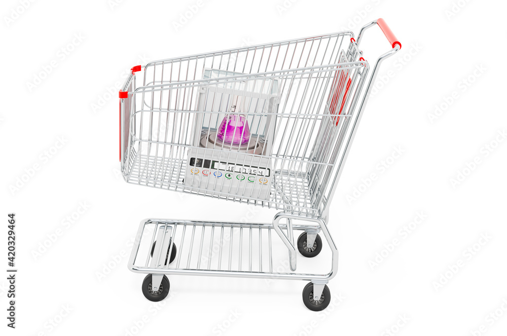 Shopping cart with analytical balance, digital lab scale. 3D rendering Shopping cart with analytical balance, digital lab scale. 3D rendering