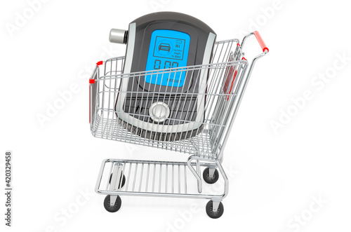 Shopping cart with breathalyzer alcohol tester. 3D rendering