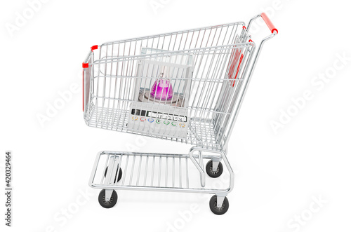 Shopping cart with analytical balance, digital lab scale. 3D rendering