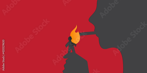 May 31st World No Tobacco Day banner design. Man smoking cigarette from burning paper figure to convey the dangers of smoking. Stop smoking poster for disease warning. No smoking sign. 