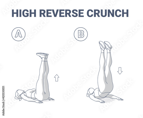 High Reverse Crunch Female Home Workout Exercise Illustration. Athletic Woman Working on Her Abs.