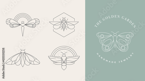 Bohemian linear logos, icons and symbols, insect, butterfly, dragonfly and moth design templates, geometric abstract design elements for decoration. 