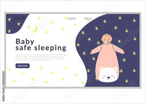 Baby girl sleeping with a nipple in a sleeping bag surrounding by stars. Landing page template. Vector flat hand drawn character illustration.