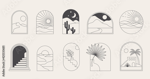 Bohemian linear logos, icons and symbols, landscape, arcs and windows design templates, geometric abstract design elements for decoration. 