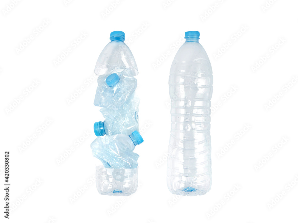 Whole and squashed plastic bottles isolated on white. Whole and squashed plastic bottles isolated on white.