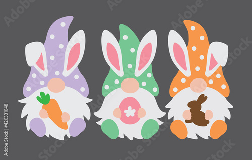 Three happy Easter gnomes with bunny rabbit ears holding a carrot, Easter egg, and chocolate bunny vector illustration.