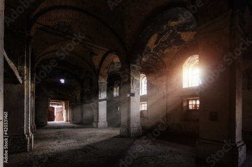 Interior of dark creepy abandoned lutheran church of the Virgin Mary © Mulderphoto