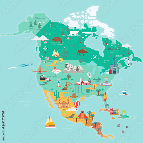 North America Map. Tourist and travel landmarks