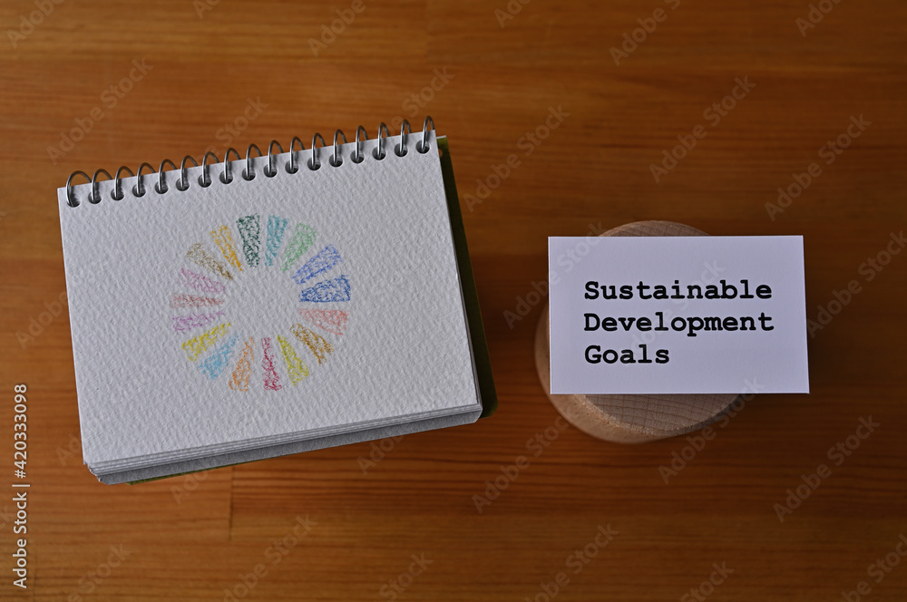 There is a small sketchbook with the SDGs symbol on it. And near it, there is a card with the words 