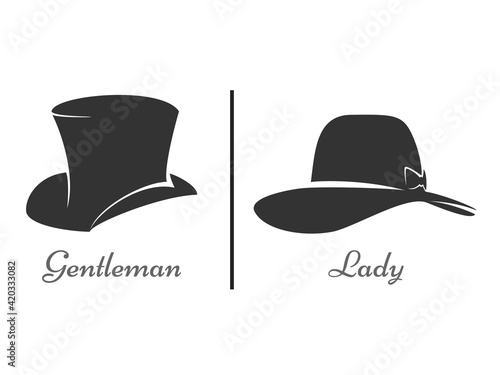 isolated gender male and female or black silhouette women and  man, hats symbols, icons, logo, infographic, flat vector design