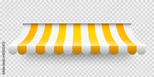Yellow shop sunshade on transparent background. Realistic striped cafe awning. Outdoor market tent. Roof canopy. Summer street store. Vector illustration.