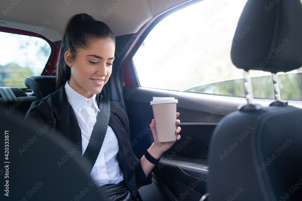 Businesswoman using laptop in car.