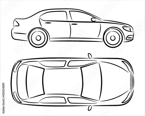 Modern car sedan silhouette on white background. Vehicle icons set view from side and top