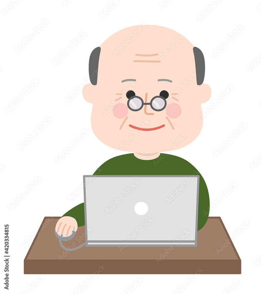 Elderly man using a laptop computer happily. Vector illustration isolated on white background.
