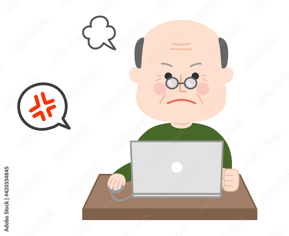 Angry elderly man looking at a laptop computer. Vector illustration isolated on white background. Angry elderly man looking at a laptop computer. Vector illustration isolated on white background.