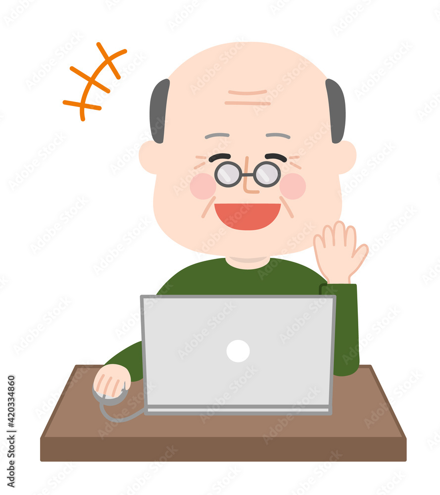 Laughing elderly man looking at a laptop computer. Vector illustration isolated on white background. Laughing elderly man looking at a laptop computer. Vector illustration isolated on white background.