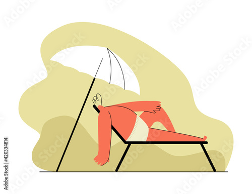 Vector flat isolated illustration with resting, relaxed character lying on sun lounger on beach, under an umbrella. Concept of recreation, tourism, travel, journey.