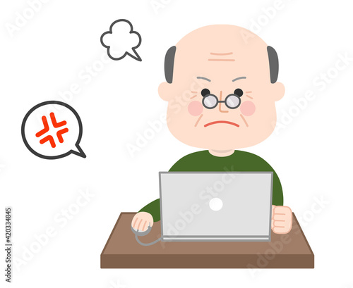 Angry elderly man looking at a laptop computer. Vector illustration isolated on white background.