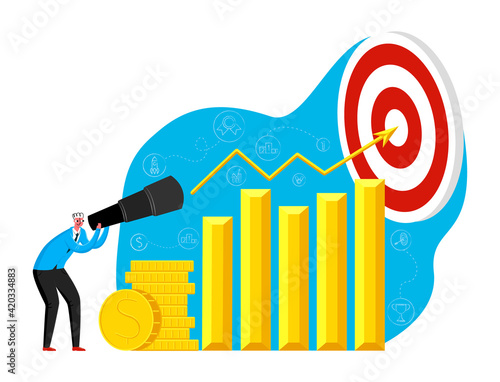 Vector cartoon illustration metaphor with character looking through telescope at target. In background there is chart, columns, ascending arrow, coins, money. Concept business, success, strategy.