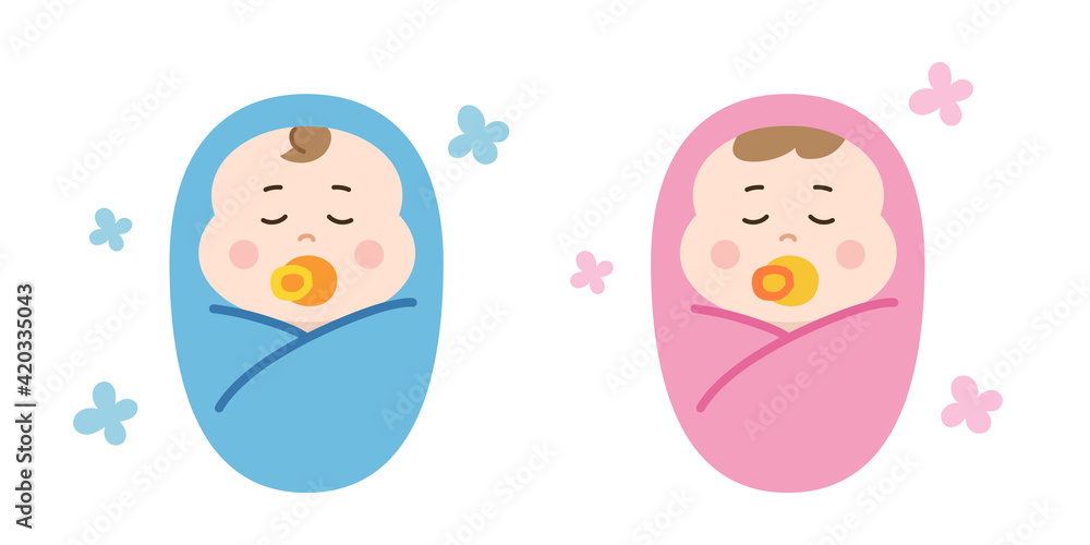 Sleeping newborn babies with a pacifier swaddled in a blanket.