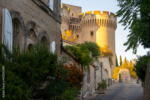 Old buildings and narrow streets in medieval town Villeneuve les Avignon in summer