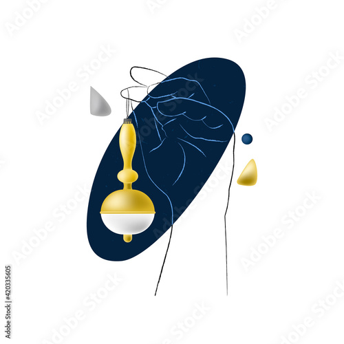 Vector drawn illustration with mixed 3d and linear style. An isolated hand holding vintage Christmas tree toy is depicted. Concept decorating and preparing for New Year, Christmas, family traditions.