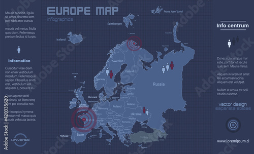 Europe map, individual states, infographics blue flat design vector