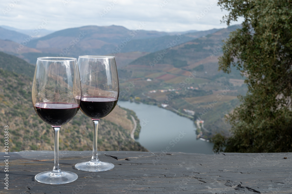 Tasting of Portuguese red dry wine, produced in Douro Valley and Douro river and terraced vineyards on background in autumn, Portugal
