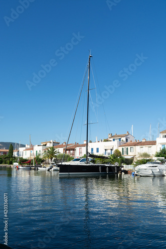 Travel and vacation destination, view on houses, roofs, canals and boats in Port Grimaud, Var, Provence, French Riviera, France