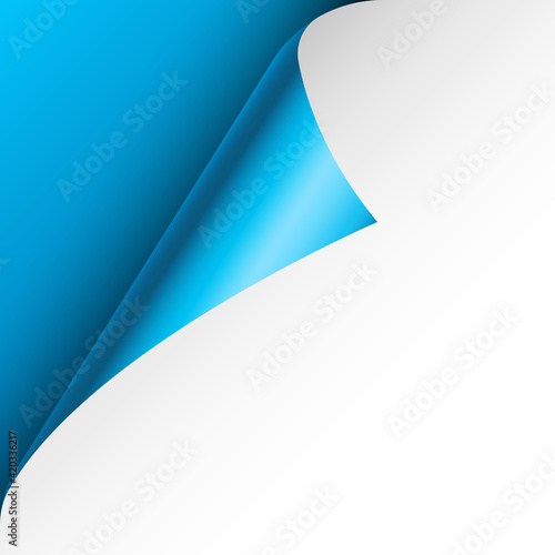 Blue paper curl. Curled page corner with shadow. Blank sheet of paper. Colorful shiny foil. Design element for advertising and promotion. Vector illustration.