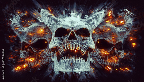 Canvas Print Three demon skulls with horns burning through