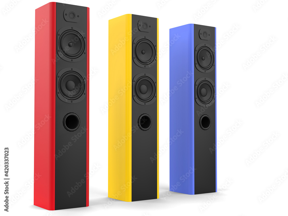 Modern hi tower music speakers with red, yellow and blue side panels - side view Modern hi tower music speakers with red, yellow and blue side panels - side view