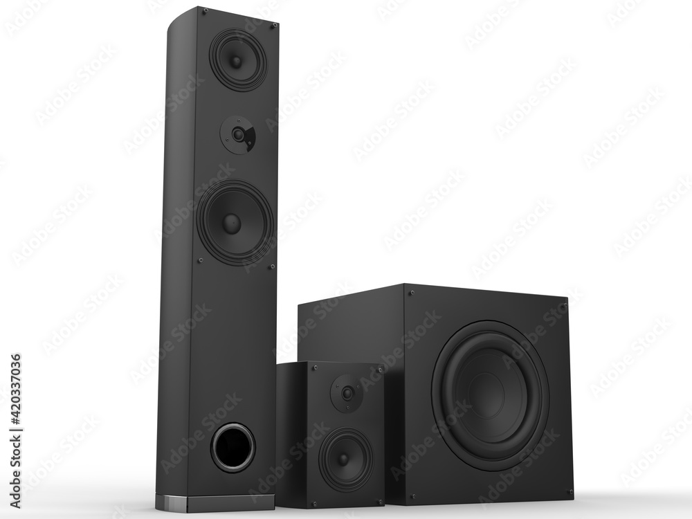 Tower speaker, mid range speaker and a sub woofer loudspeaker - side view Tower speaker, mid range speaker and a sub woofer loudspeaker - side view