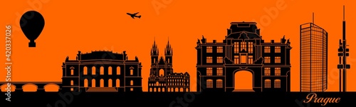Vector city skyline silhouette - illustration, 
Town in orange background, 
Prague Czech Republic