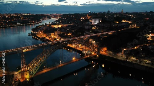 Wallpaper Mural Picturesque view from drone of city of Porto and Dom Luis Bridge at night, Portugal Torontodigital.ca
