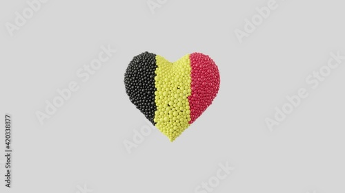 Belgian National Day. Heart shape made out of shiny spheres animation. Heart animation with alpha matte. 3D rendering.