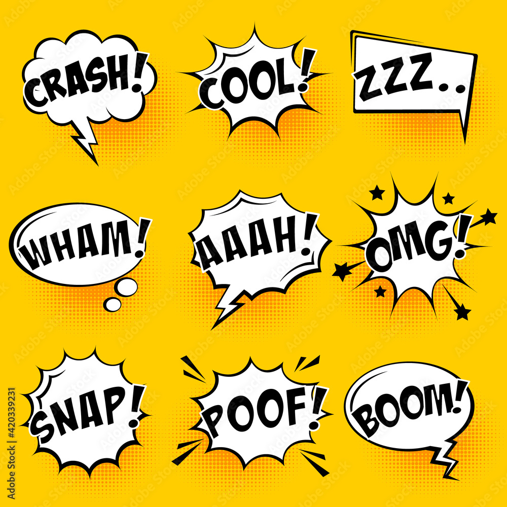 Comic speech bubbles with halftone shadows and text on yellow background. Hand drawn retro cartoon stickers. Pop art style. Vector illustration.