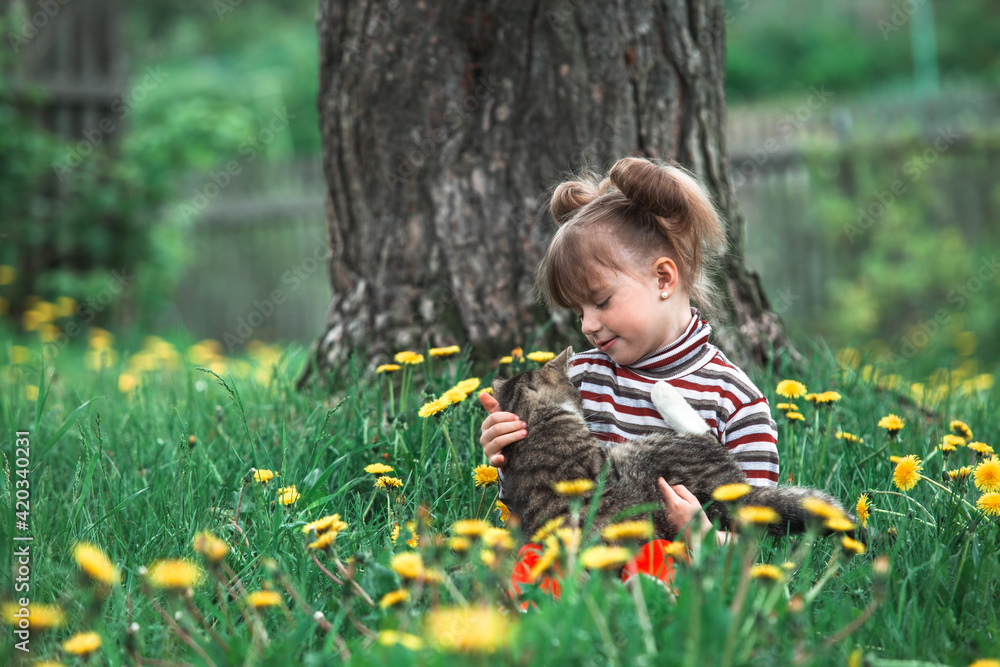 An emotional little girl playing with a cat in the green park.