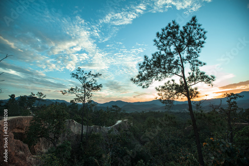 View of mountain landscape during a beautiful sunset. Nord Thailand.