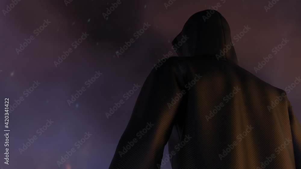 Anonymous hacker with black hoodie in shadow under space sky spot lighting background. Dangerous criminal concept image. 3D CG. 3D illustration. 3D high quality rendering. Anonymous hacker with black hoodie in shadow under space sky spot lighting background. Dangerous criminal concept image. 3D CG. 3D illustration. 3D high quality rendering.