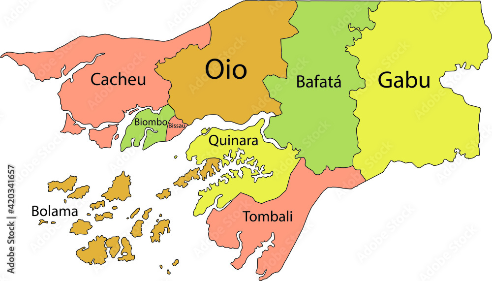 Obraz premium Pastel vector map of the Republic of Guinea-Bissau with black borders and names of its regions