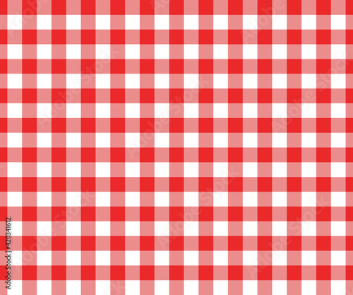 Red and white gingham seamless pattern. Checkered texture for picnic blanket, tablecloth, plaid, clothes. Italian style overlay, fabric geometric background, retro textile design. Vector illustration.
