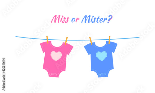 Baby pink and blue bodysuits with heart symbols hanging on the rope. Gender reveal party invitation card or banner. Boy or girl concept. Vector flat illustration.