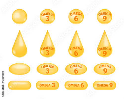 Omega fatty acids 3, 6 and 9. Golden drops and pills of fish oil set. Polyunsaturated fats icons isolated on white background. Vector realistic illustration.