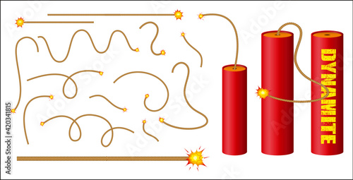 set of realistic dynamite with burning wick or realistic bomb firecrackers or red bomb  fireworks with burning fuse. eps 10 vector, easy to modify