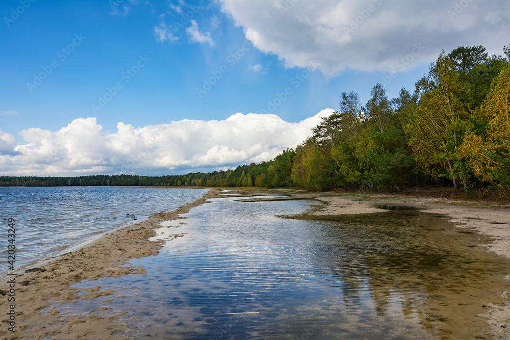 Pisochne Lake, Melnyky, Shatsk National Natural Park, Volyn region, Ukraine. The Shatskyi Lakes group. Beach by the lake.