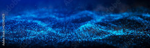 Wave of particles. Dynamic wave on black background. Big data visualization. Data technology abstract futuristic illustration. 3d rendering.